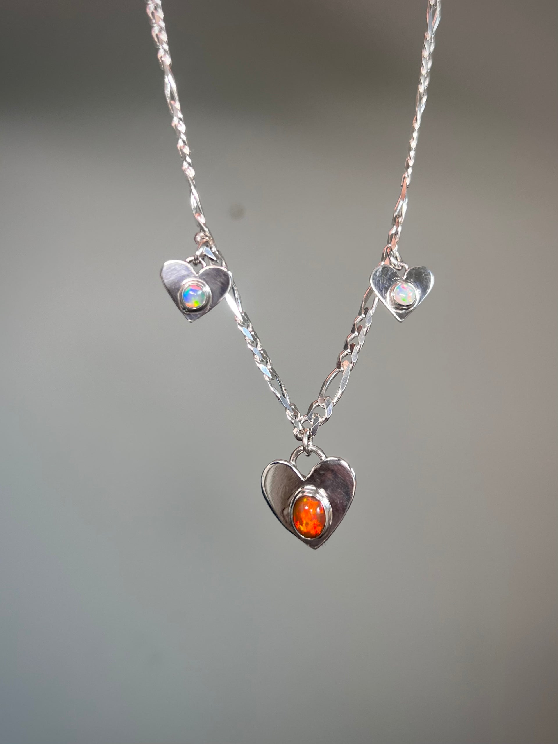 Triple opal heart dangly necklace