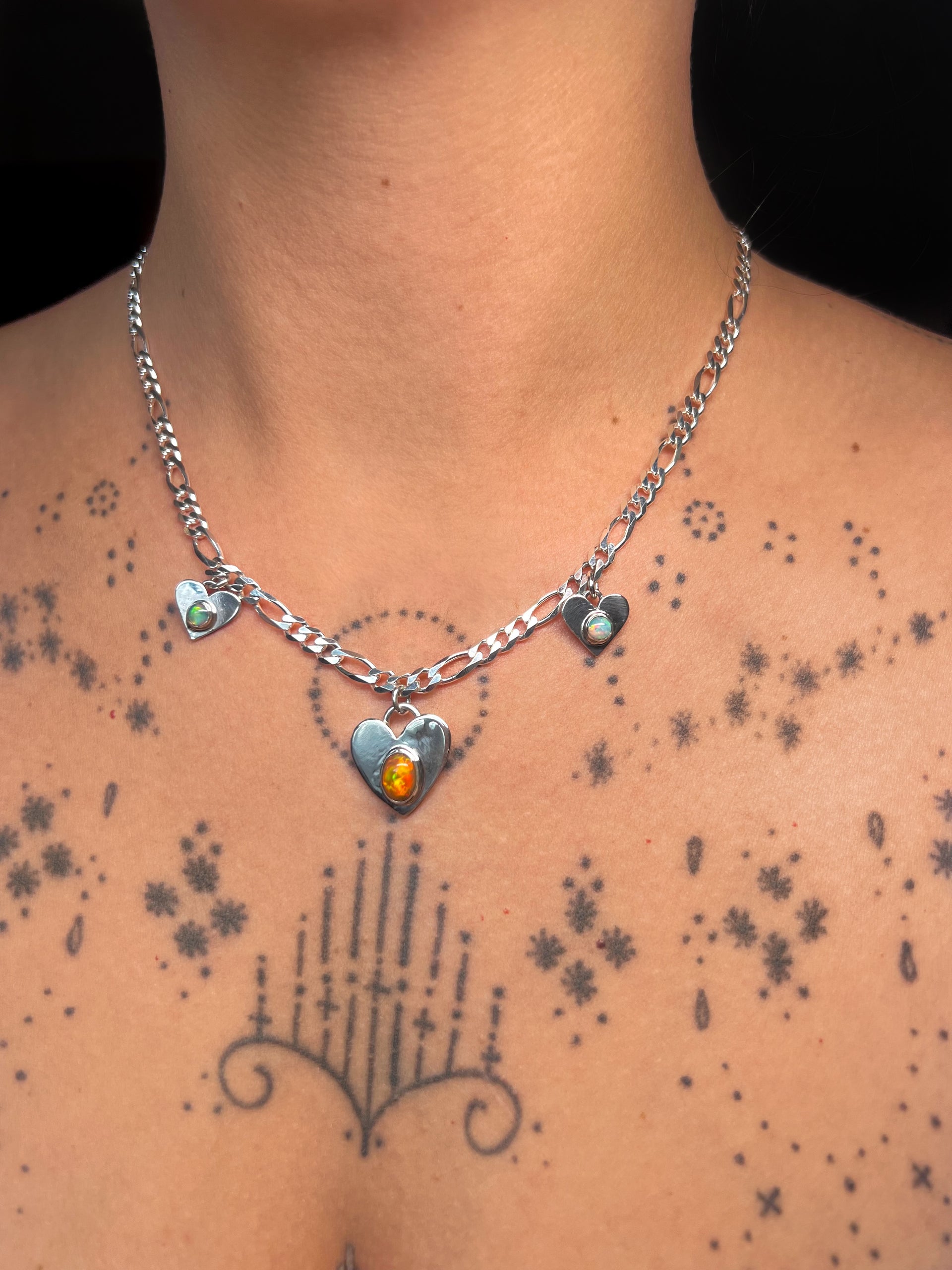 Triple opal heart dangly necklace