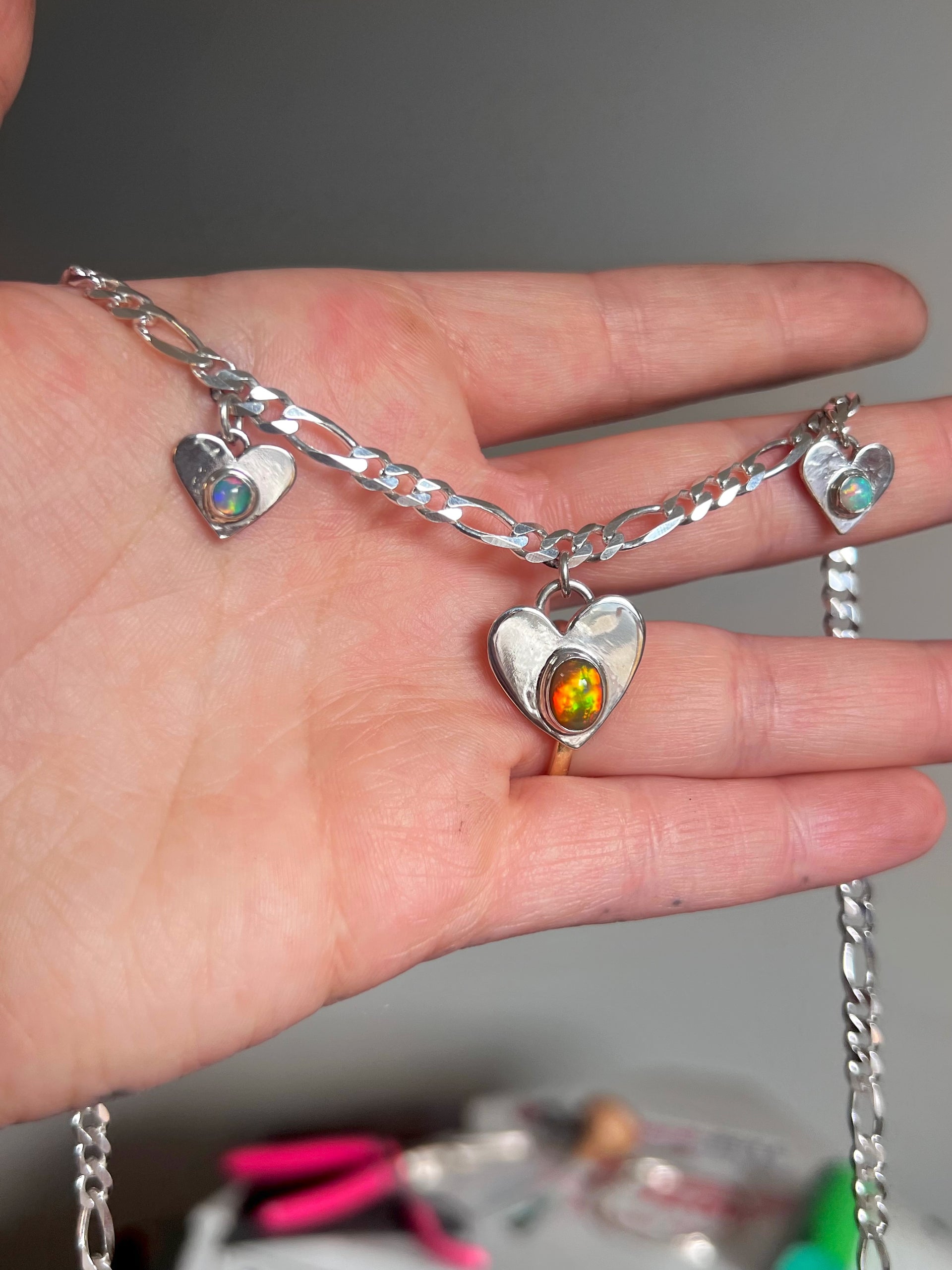 Triple opal heart dangly necklace